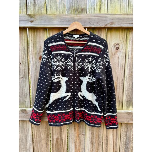 Vintage J.Jill Alpine Reindeer Cardigan Christmas Holiday Sweater - Picture 3 of 9